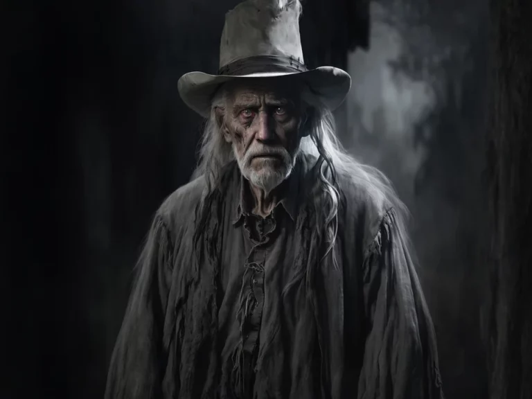 Discover the mysterious allure of San Antonio Ghost Tours with this evocative image. Featuring a somber elderly man with a weathered face, clad in tattered clothes and a hat, set against a foggy, dark backdrop, this portrait embodies the eerie essence of San Antonio's haunted history. Join us for a spine-tingling journey into the unknown.
