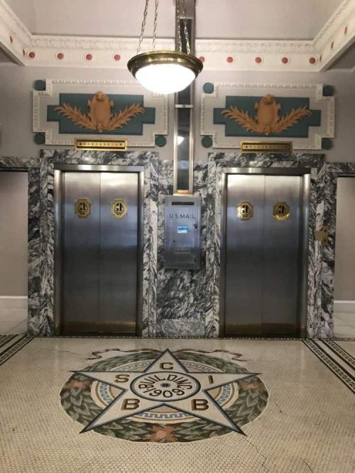 Elevator doors at the haunted Gibbs Hotel.